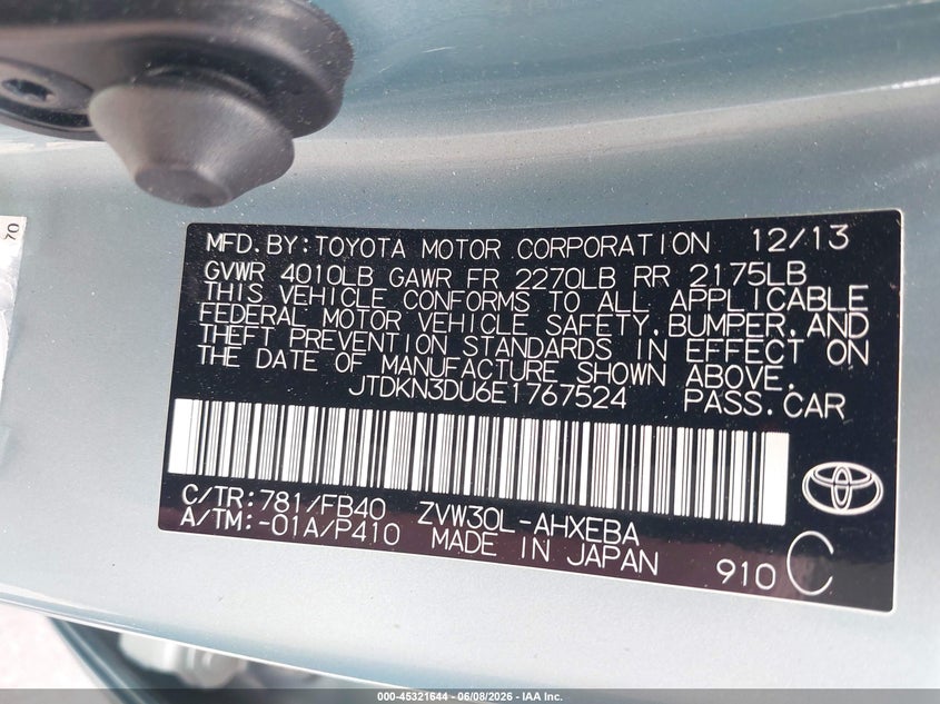 2014 Toyota Prius Two VIN: JTDKN3DU6E1767524 Lot: 45321644