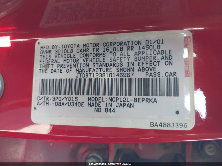 2001 Toyota Echo VIN: JTDBT123810146967 Lot: 45321666