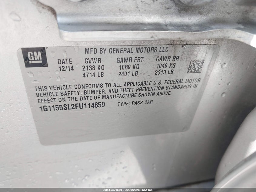 2015 CHEVROLET IMPALA SEDAN 2.5L I-4 DI, DOHC, VVT, 195HP
