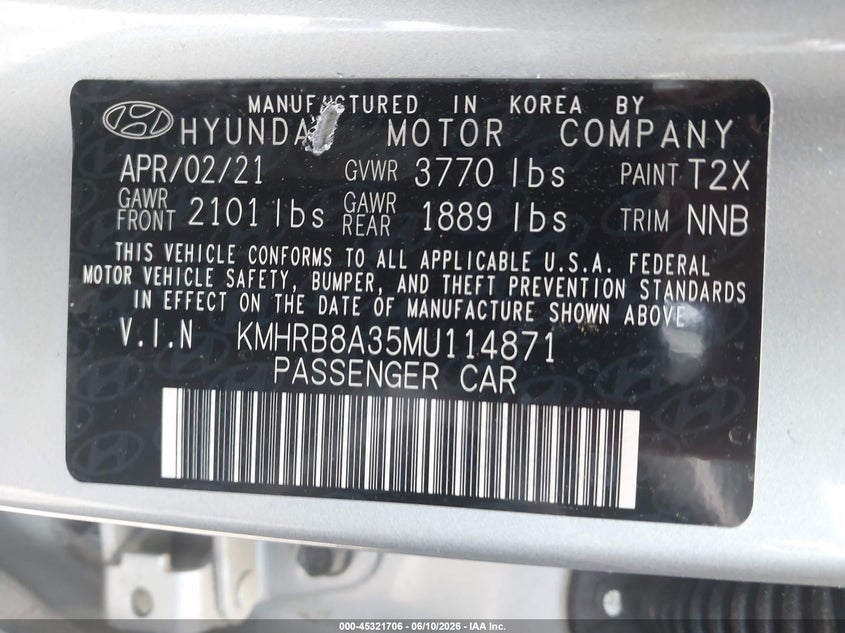 2021 Hyundai Venue Se VIN: KMHRB8A35MU114871 Lot: 45321706