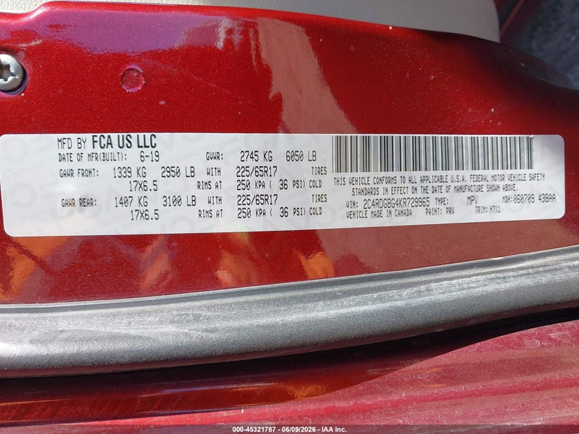 2019 Dodge Grand Caravan Se VIN: 2C4RDGBG4KR729965 Lot: 45321787