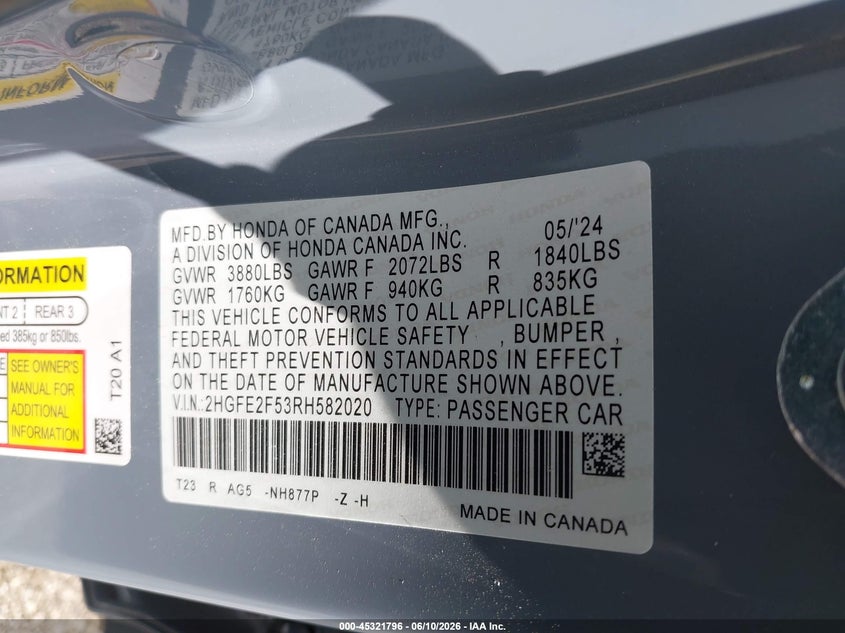 2024 HONDA CIVIC SEDAN 2.0L I-4 DI, DOHC, VVT, 158HP