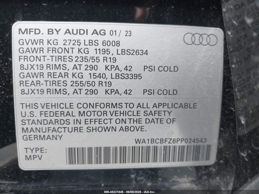 2023 AUDI Q4 E-TRON ELECTRIC(VIN: WA1BCBFZ6PP024543