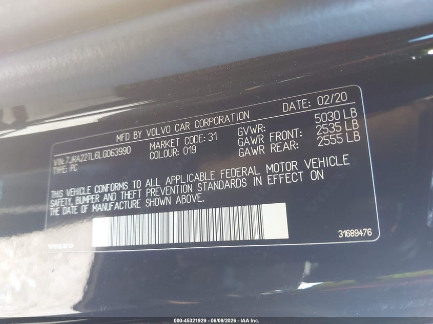 2020 Volvo S60 T6 Inscription VIN: 7JRA22TL6LG063990 Lot: 45321929