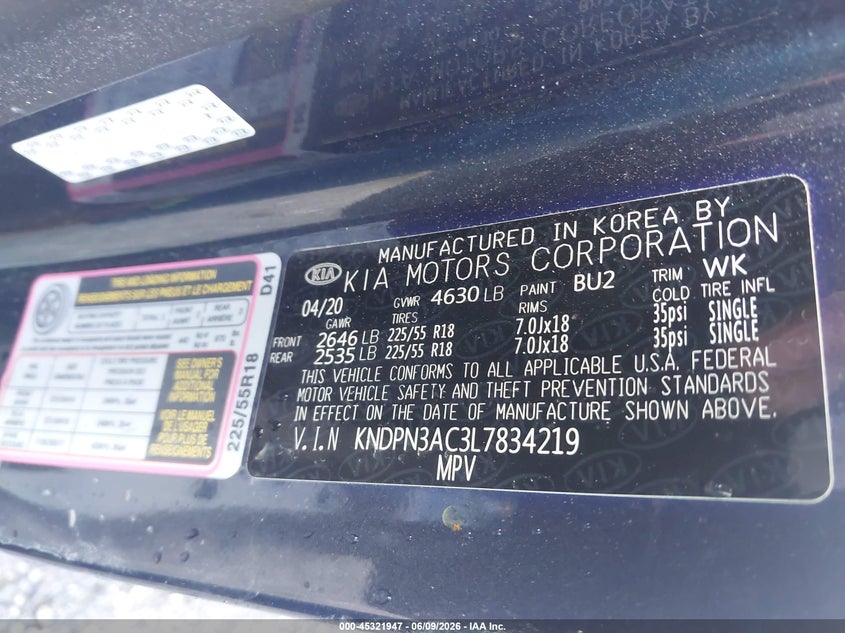 2020 Kia Sportage Ex VIN: KNDPN3AC3L7834219 Lot: 45321947