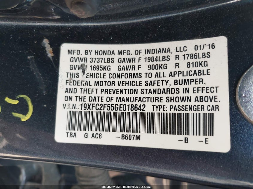 2016 HONDA CIVIC SEDAN 2.0L I-4 DOHC, VVT, 158HP