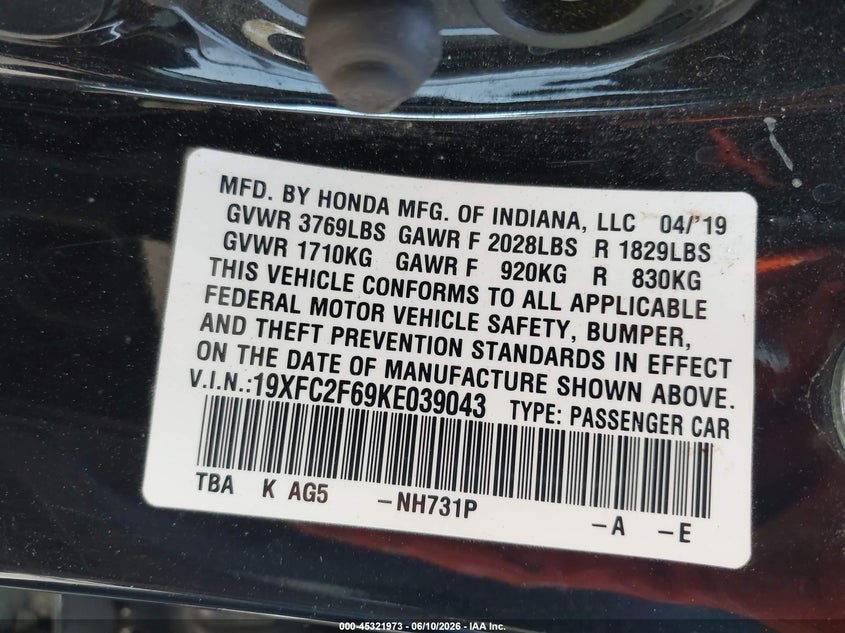 2019 HONDA CIVIC SEDAN 2.0L I-4 DOHC, VVT, 158HP