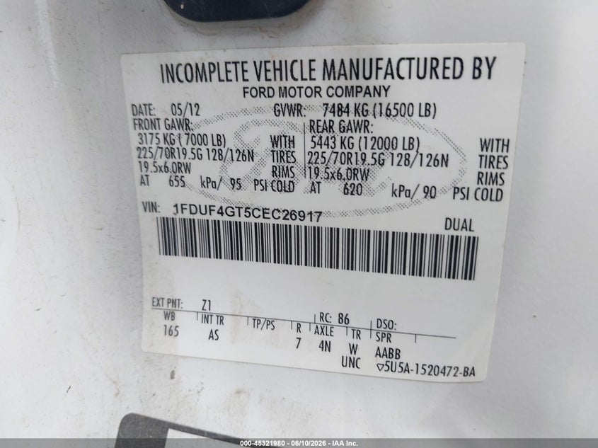 2012 Ford F-450 Chassis Xl VIN: 1FDUF4GT5CEC26917 Lot: 45321980