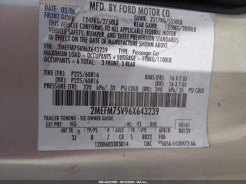 2006 Mercury Grand Marquis Ls VIN: 2MEFM75V96X643239 Lot: 45321999