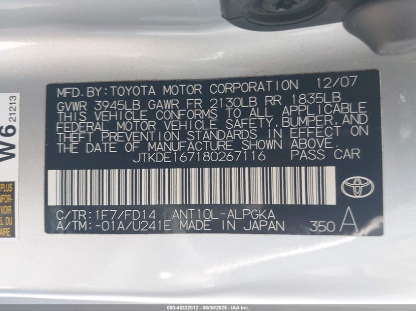 2008 Scion Tc VIN: JTKDE167180267116 Lot: 45322012