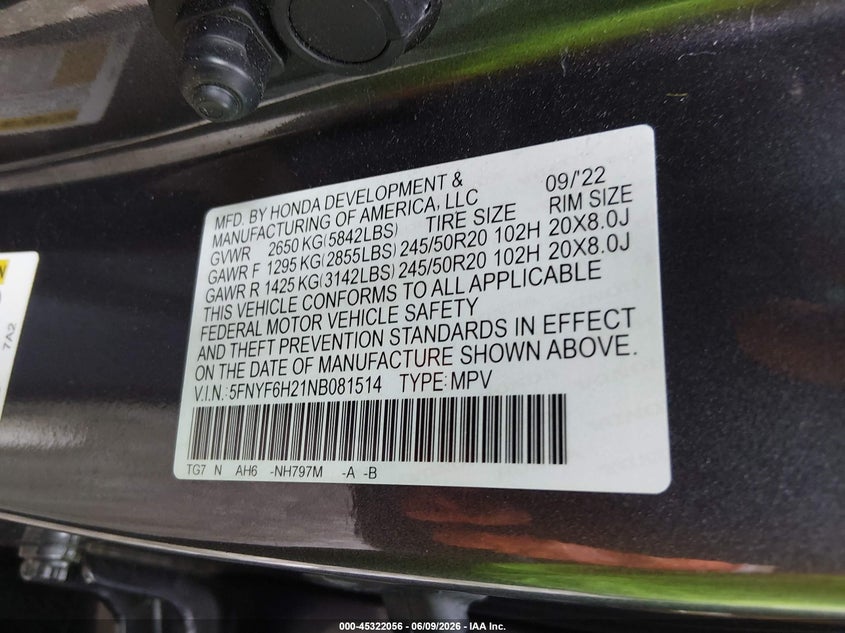 2022 Honda Pilot Awd Special Edition VIN: 5FNYF6H21NB081514 Lot: 45322056