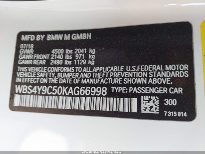 2019 BMW M4 VIN: WBS4Y9C50KAG66998 Lot: 45322126