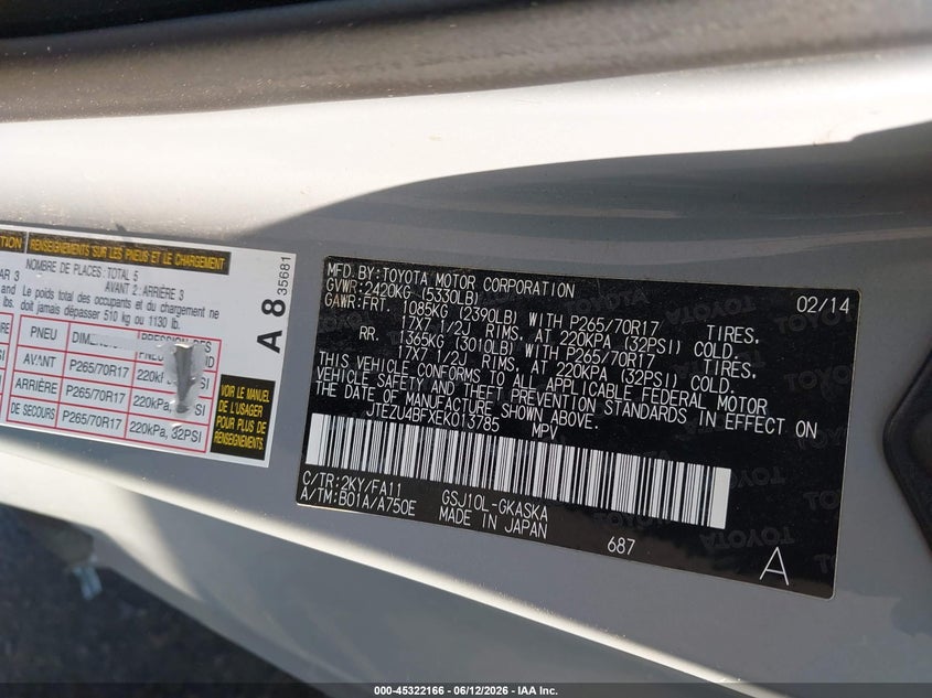 2014 Toyota Fj Cruiser VIN: JTEZU4BFXEK013785 Lot: 45322166