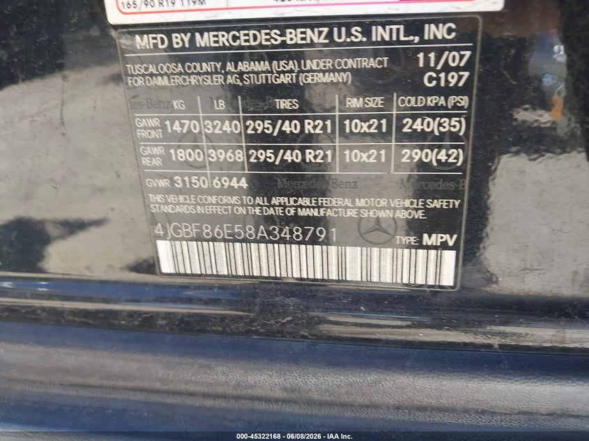 2008 Mercedes-Benz Gl 550 4Matic VIN: 4JGBF86E58A348791 Lot: 45322168