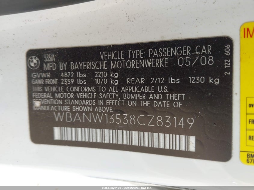 2008 BMW 535I VIN: WBANW13538CZ83149 Lot: 45322170