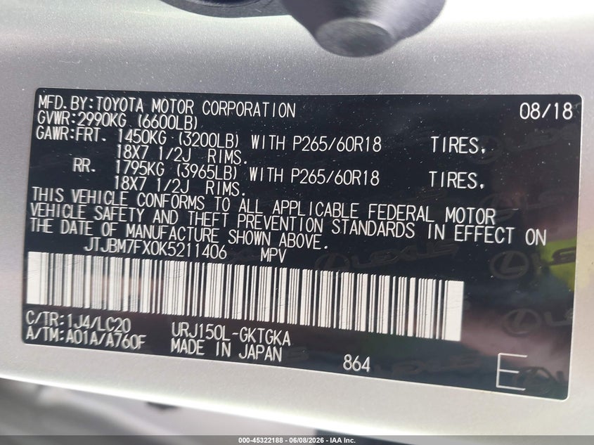 2019 Lexus Gx 460 Premium VIN: JTJBM7FX0K5211406 Lot: 45322188