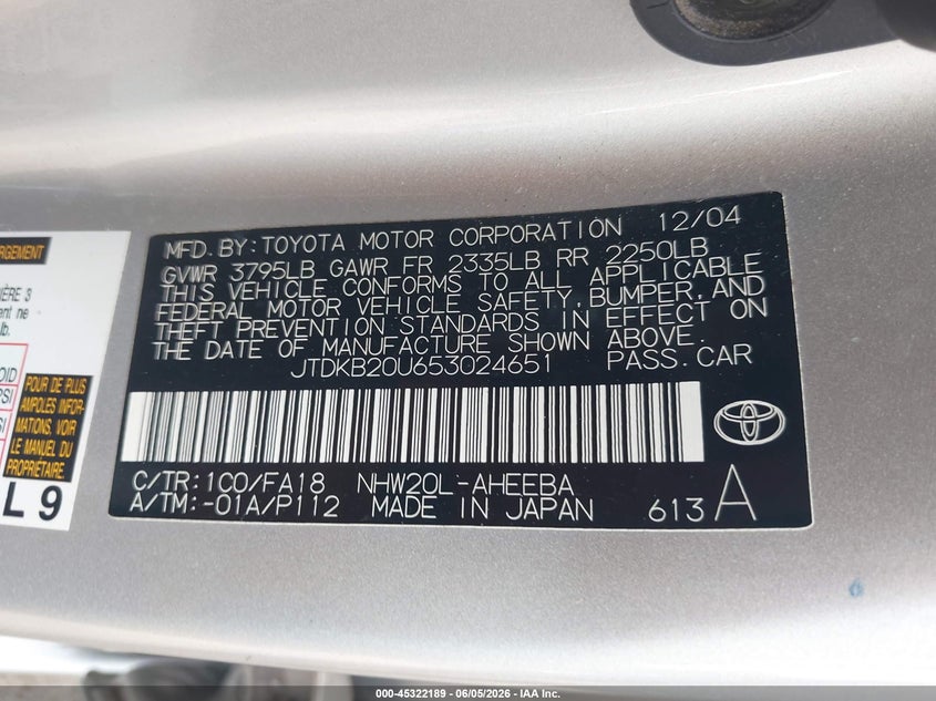 2005 Toyota Prius VIN: JTDKB20U653024651 Lot: 45322189