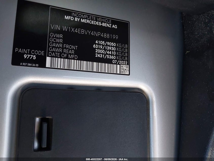 2022 MERCEDES-BENZ SPRINTER 2500 3.0L V-6 DI, DOHC, T(VIN: W1X4EBVY4NP488199