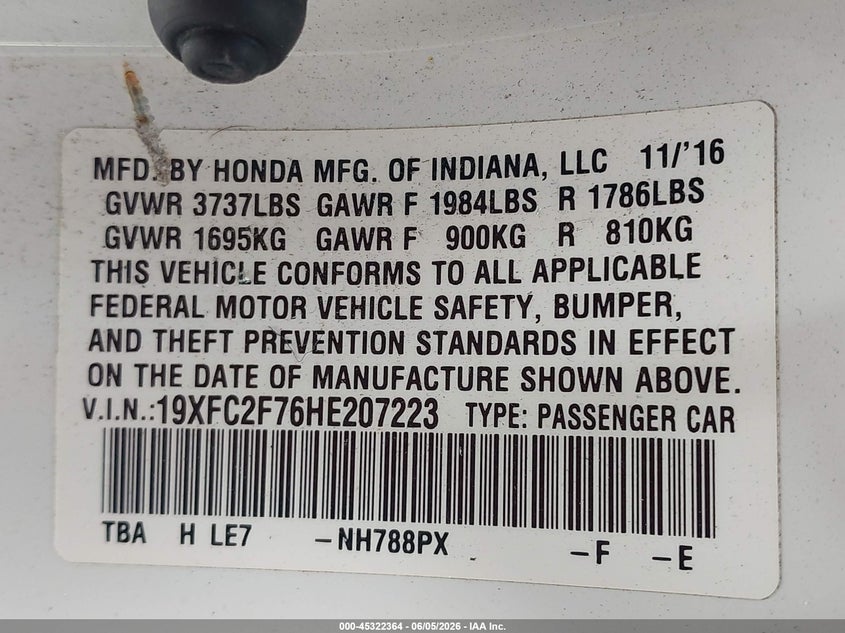 2017 Honda Civic Ex VIN: 19XFC2F76HE207223 Lot: 45322364
