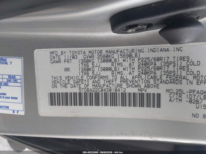 2004 TOYOTA SIENNA VAN 3.3L V-6 DOHC, VVT, 230HP