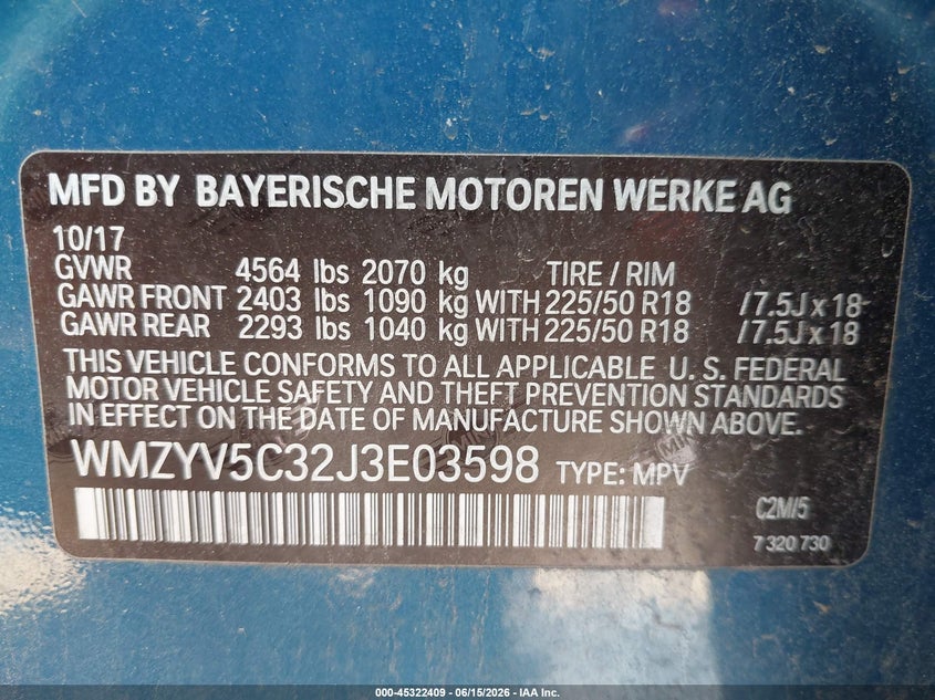 2018 Mini Countryman Cooper VIN: WMZYV5C32J3E03598 Lot: 45322409