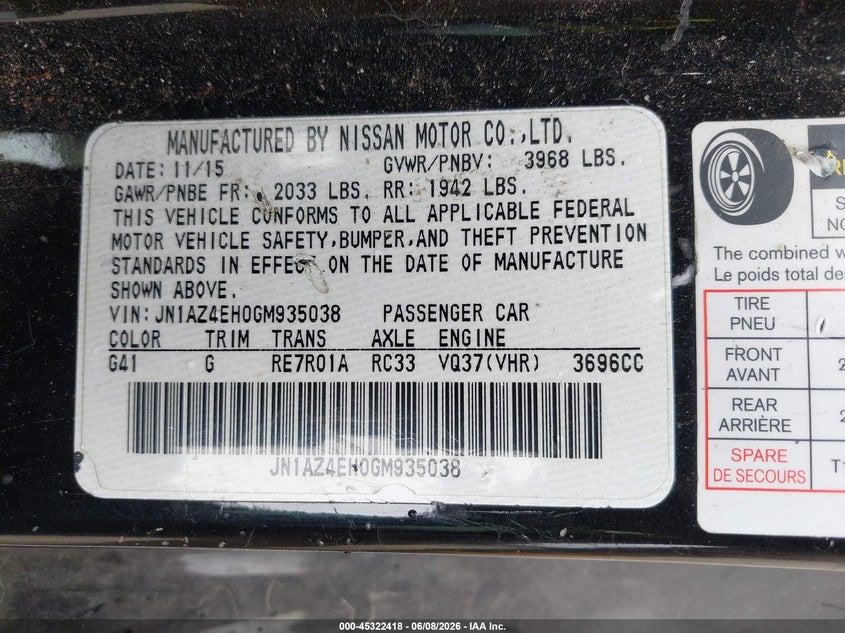 2016 Nissan 370Z VIN: JN1AZ4EH0GM935038 Lot: 45322418