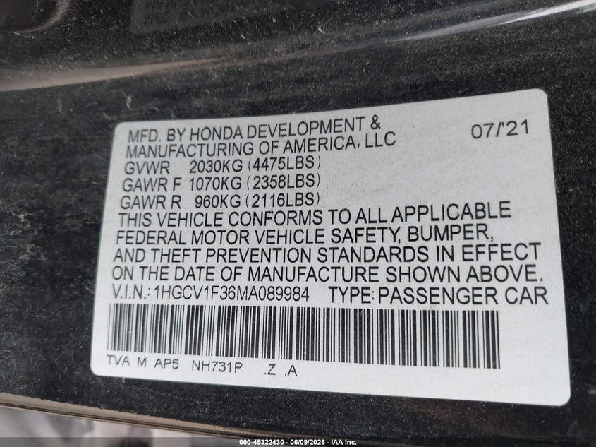 2021 HONDA ACCORD 1.5L I-4 DI, DOHC, V(VIN: 1HGCV1F36MA089984