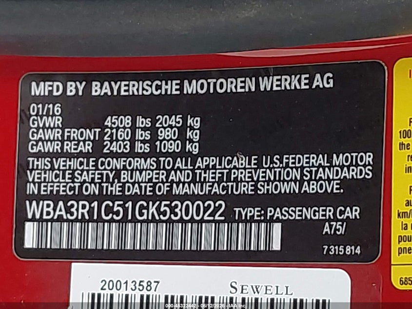 2016 BMW 435I VIN: WBA3R1C51GK530022 Lot: 45322442