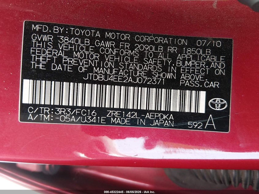 2010 TOYOTA COROLLA SEDAN 1.8L I-4 DOHC, VVT, 132HP