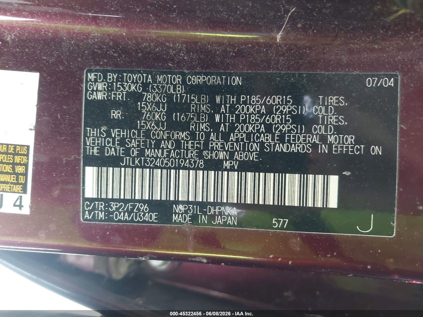 2005 Scion Xb VIN: JTLKT324050194378 Lot: 45322456