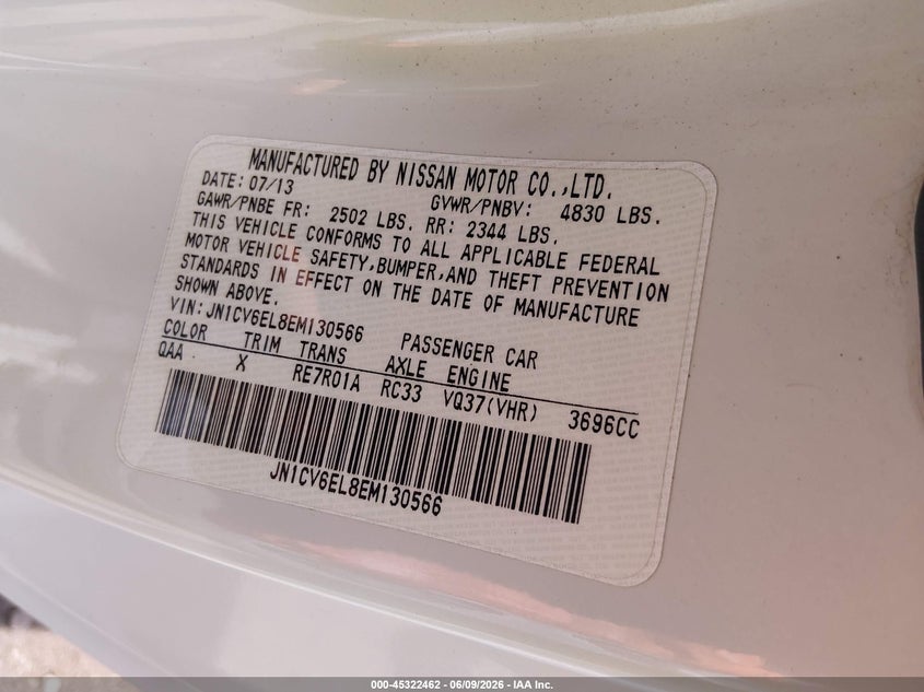 2014 Infiniti Q60 VIN: JN1CV6EL8EM130566 Lot: 45322462