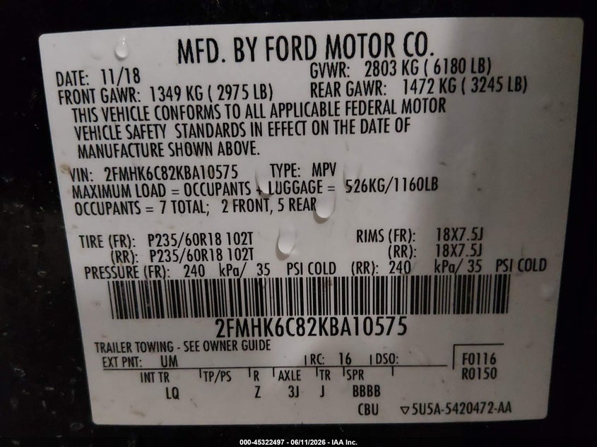2019 Ford Flex Sel VIN: 2FMHK6C82KBA10575 Lot: 45322497