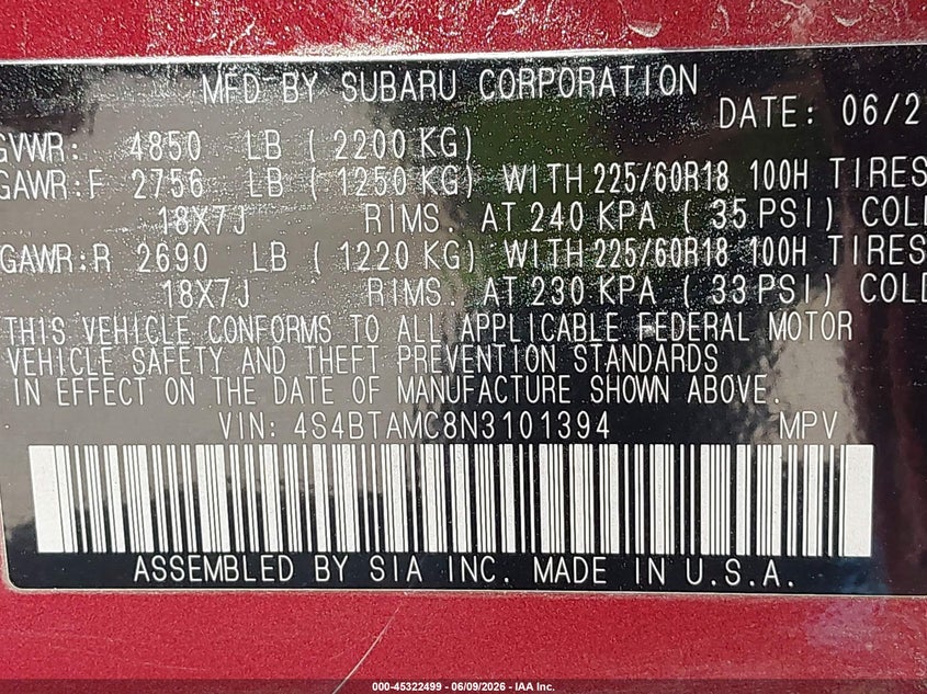 2022 SUBARU OUTBACK 2.5L H-4 DI, DOHC, V(VIN: 4S4BTAMC8N3101394