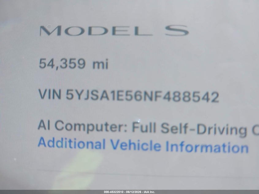 VIN: 5YJSA1E56NF488542 2022 TESLA MODEL S DUAL MOTOR ALL-WHEEL DRIVE
