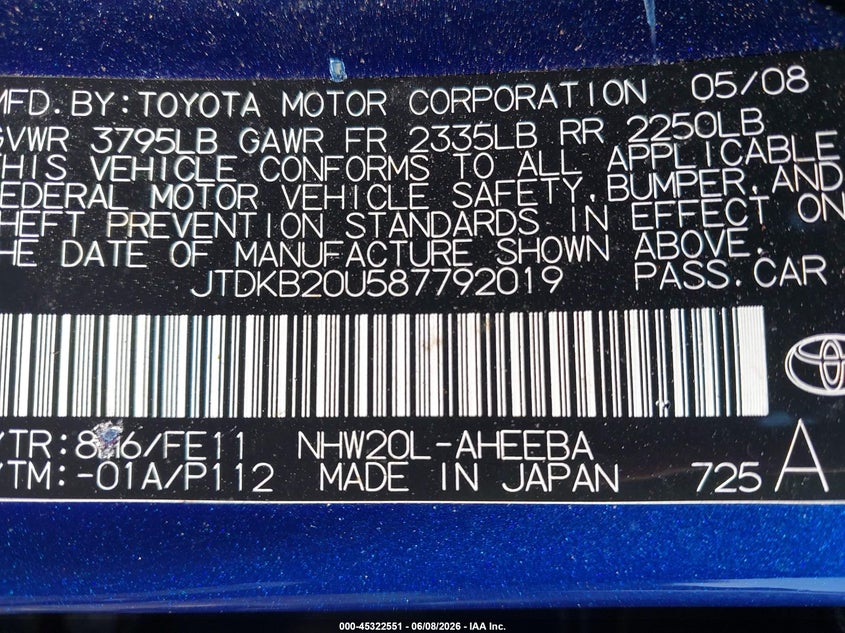 2008 Toyota Prius VIN: JTDKB20U587792019 Lot: 45322551