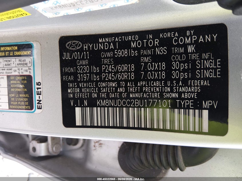 2011 Hyundai Veracruz Limited VIN: KM8NUDCC2BU177101 Lot: 45322565