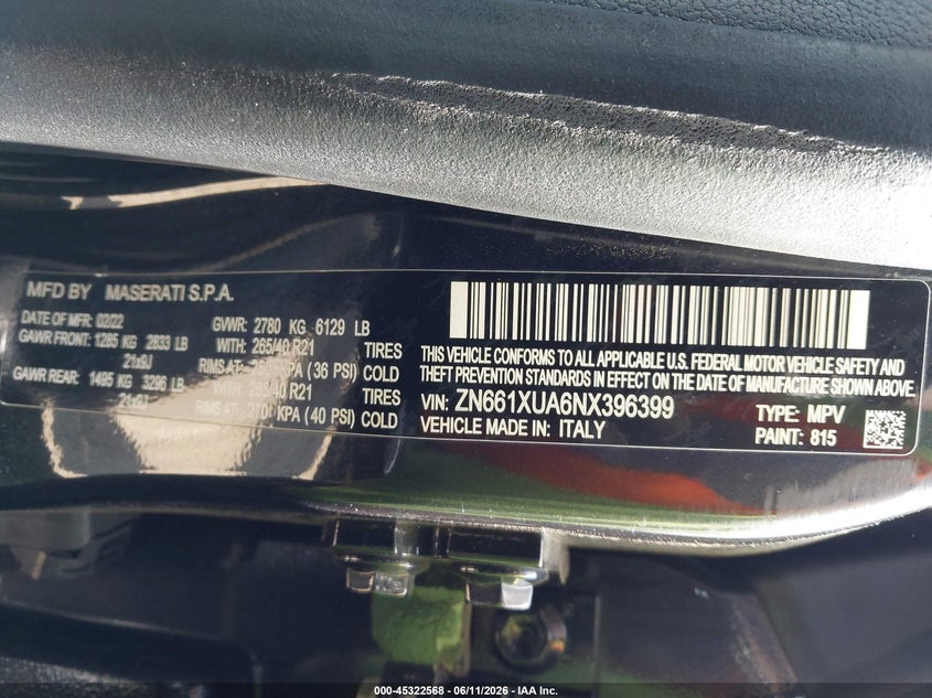 2022 Maserati Levante Gt VIN: ZN661XUA6NX396399 Lot: 45322568