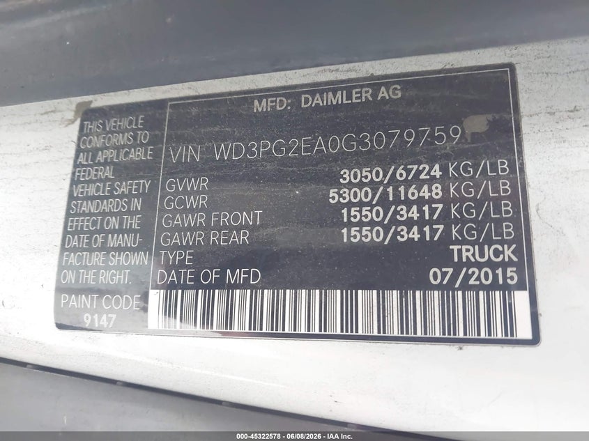 2016 Mercedes-Benz Metris VIN: WD3PG2EA0G3079759 Lot: 45322578
