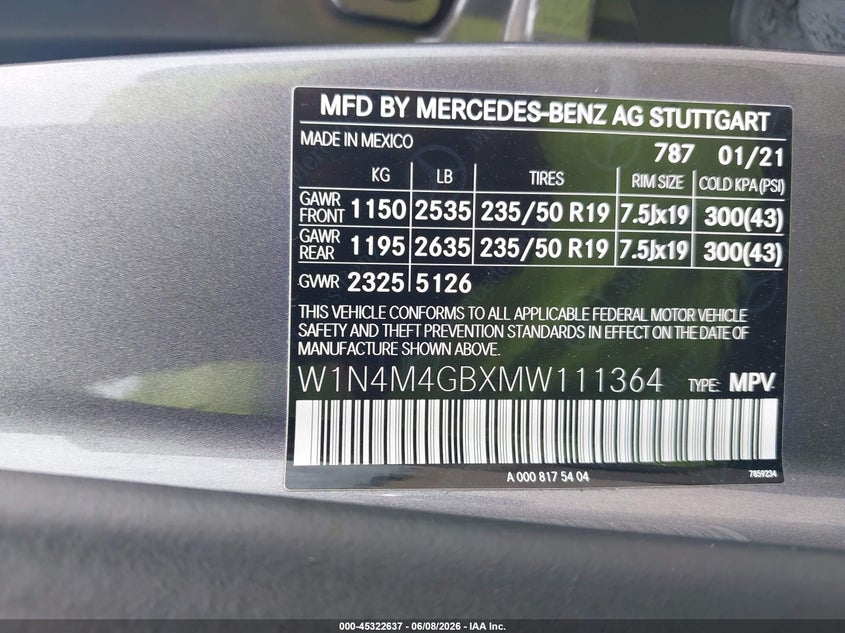 2021 Mercedes-Benz Glb 250 VIN: W1N4M4GBXMW111364 Lot: 45322637