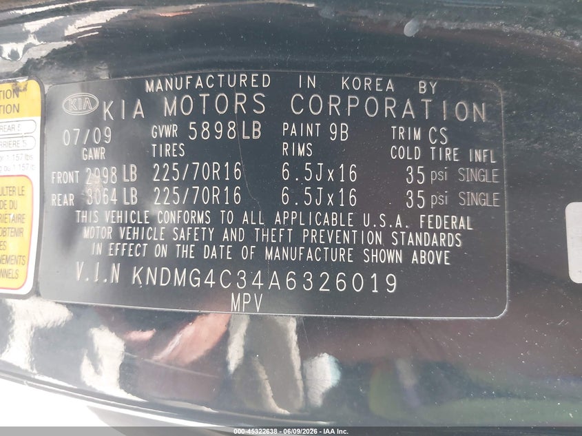 2010 Kia Sedona Lx VIN: KNDMG4C34A6326019 Lot: 45322638