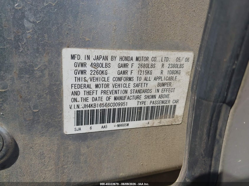 2006 Acura Rl 3.5 VIN: JH4KB16566C009951 Lot: 45322679