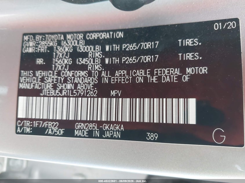 2020 Toyota 4Runner Sr5 VIN: JTEBU5JR1L5791262 Lot: 45322681