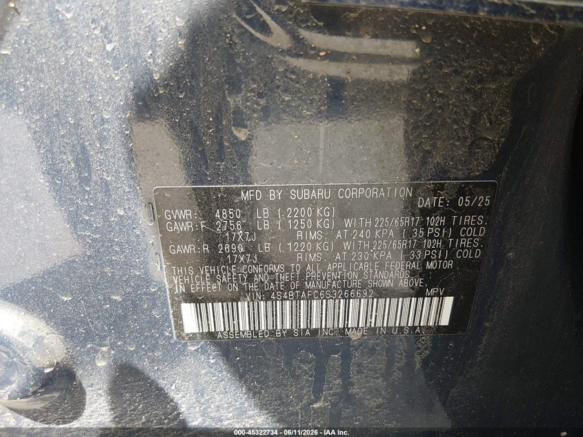 SUBARU OUTBACK 2025 VIN 4S4BTAFC6S3266692