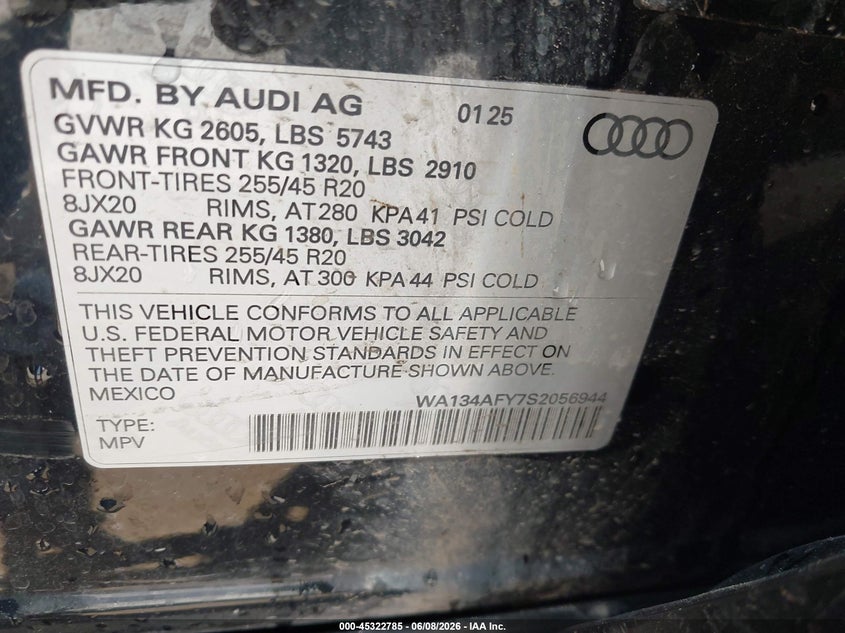 2025 AUDI SQ5 SPORTBACK 3.0L V-6 DI, DOHC, V(VIN: WA134AFY7S2056944