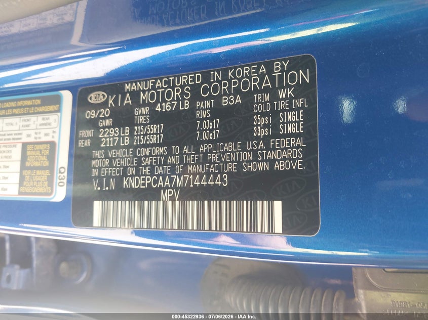 2021 Kia Seltos Lx VIN: KNDEPCAA7M7144443 Lot: 45322936
