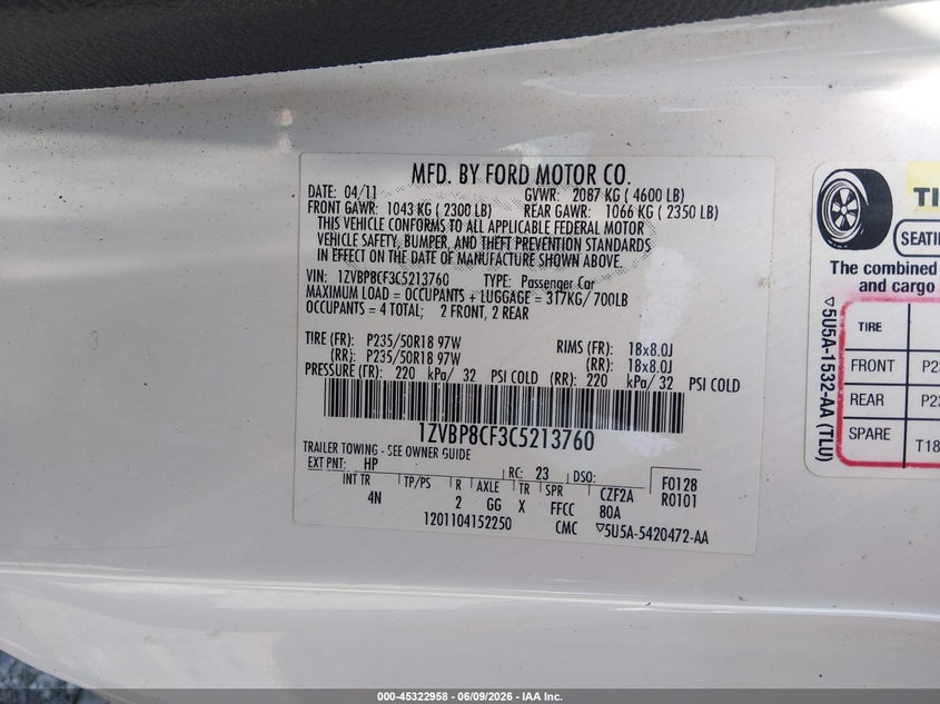 2012 Ford Mustang Gt Premium VIN: 1ZVBP8CF3C5213760 Lot: 45322958