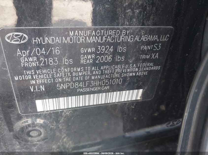 2017 Hyundai Elantra Se VIN: 5NPD84LF3HH051010 Lot: 45322994