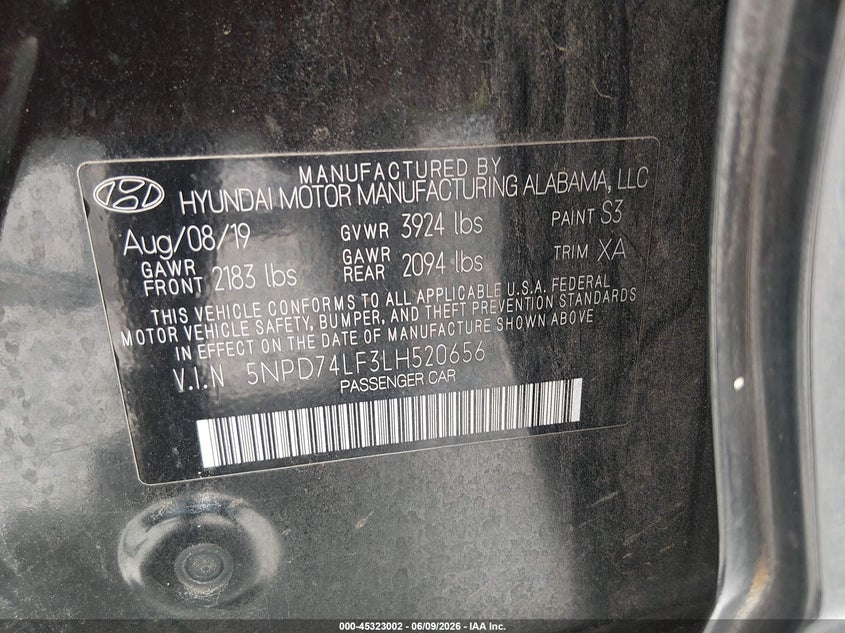 2020 Hyundai Elantra Se VIN: 5NPD74LF3LH520656 Lot: 45323002