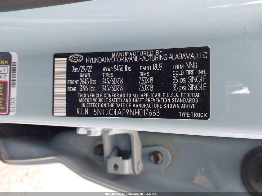 2022 Hyundai Santa Cruz Sel VIN: 5NTJC4AE9NH017663 Lot: 45323047