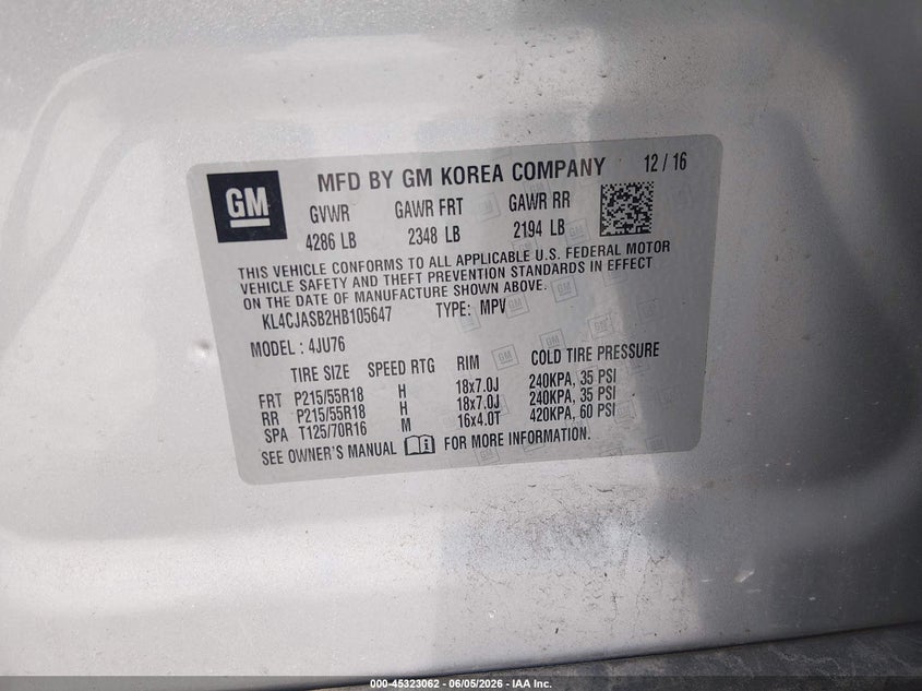 2017 Buick Encore Preferred VIN: KL4CJASB2HB105647 Lot: 45323062